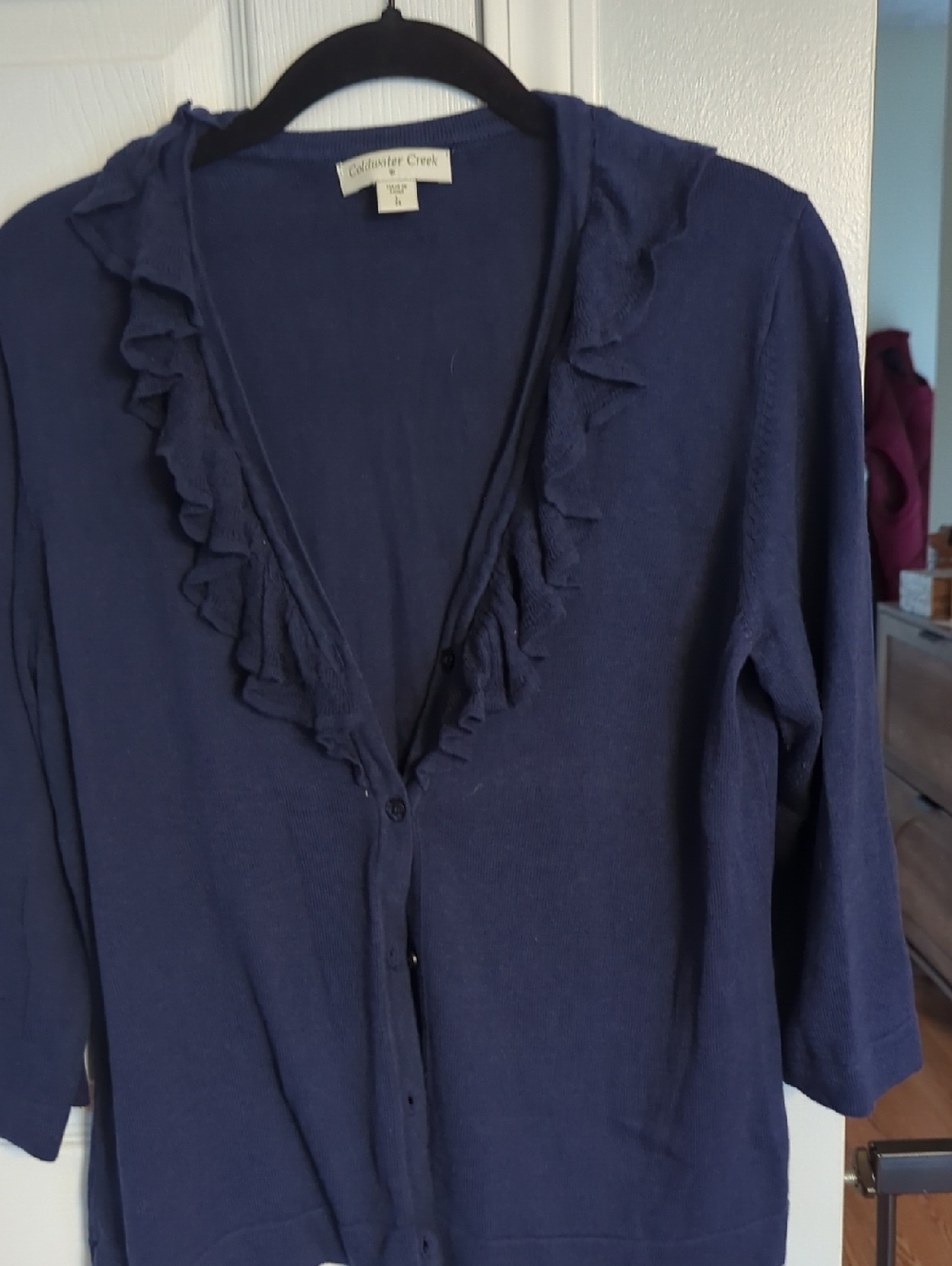 Coldwater CreekNavy Ruffle-Trim Cardigan